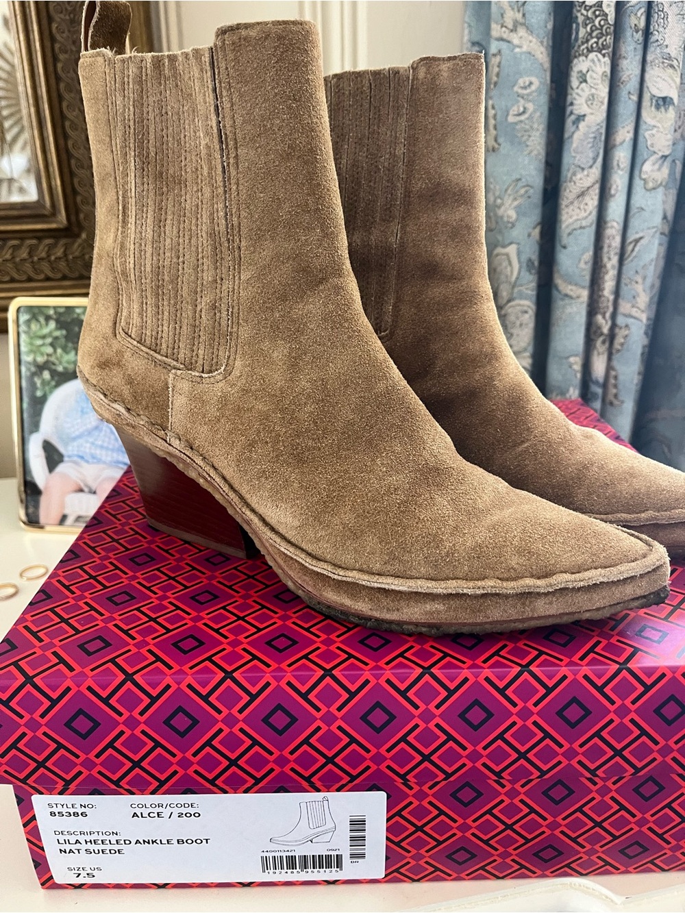 Tory Burch Taupe Suede Pointed Chelsea Booties - Picture 5 of 7